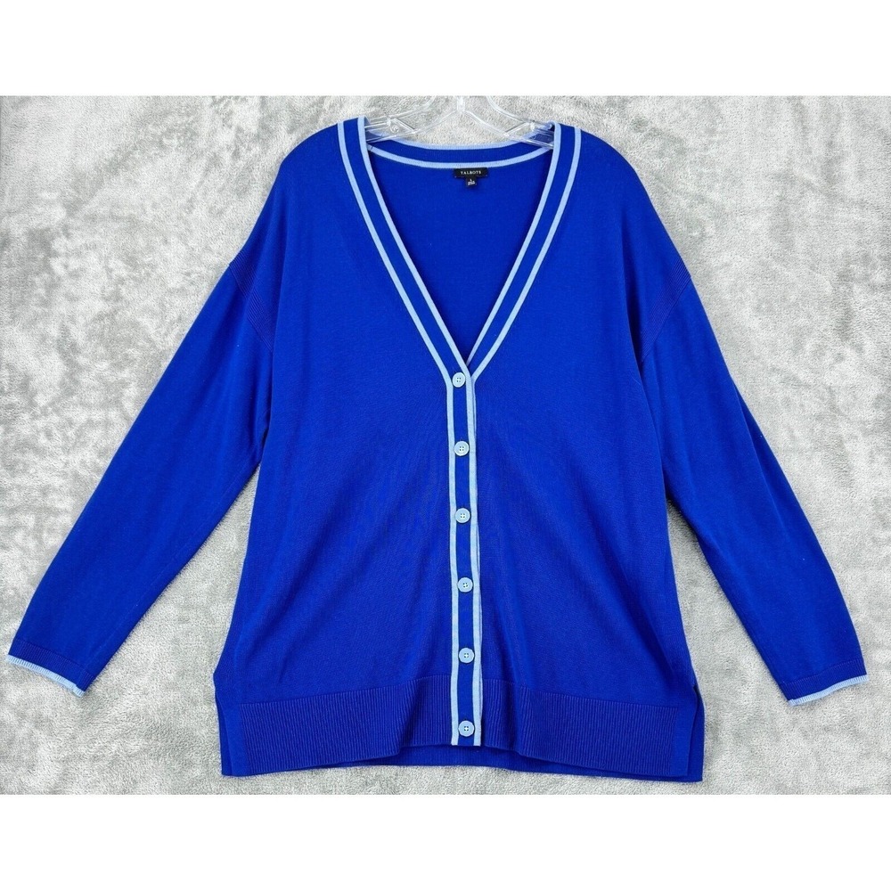 Talbots Sweater Large Cardigan Button Nautical Office Preppy Royal Blue Sporty